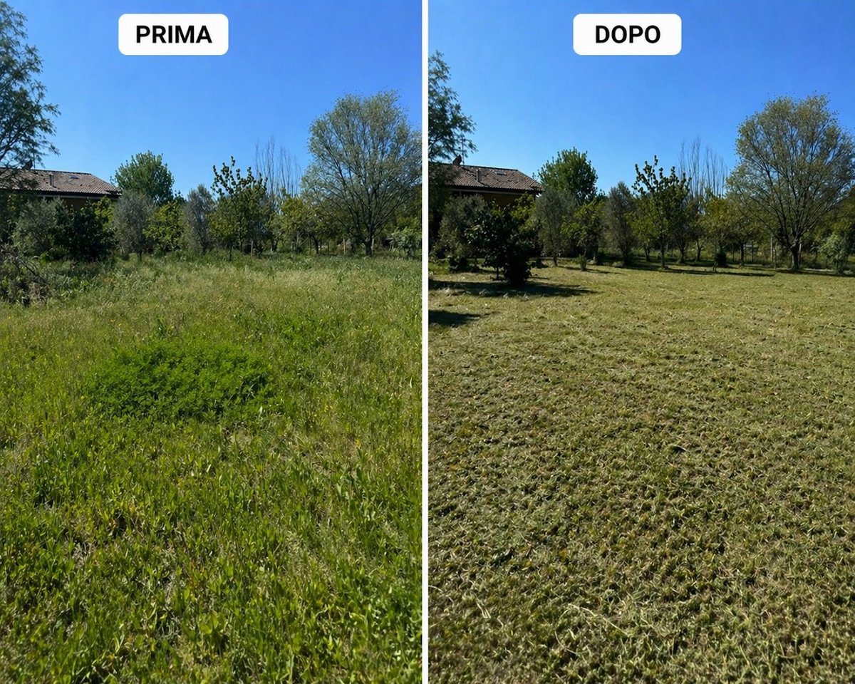 Prima e dopo: campo erboso trasformato in terreno arato sotto cielo sereno